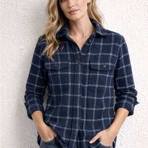 NWT Tilley Plaid Shirt Jacket Navy Windowpane Utility Shacket